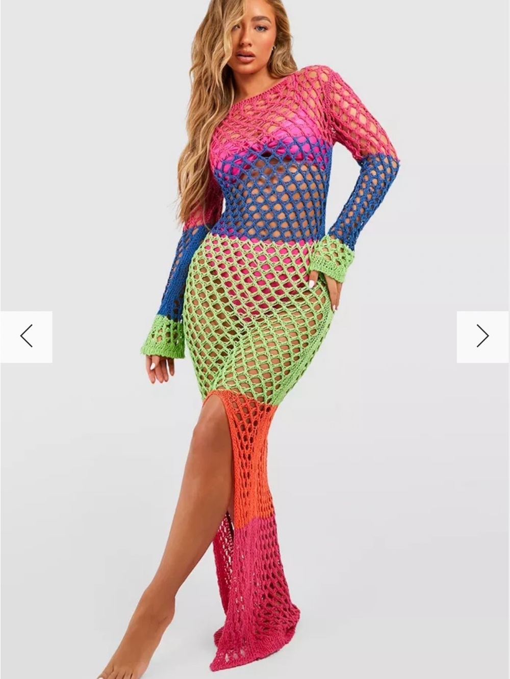 Boohoo Multicolor Crochet Maxi Dress in Pink, Blue, Green & Orange
